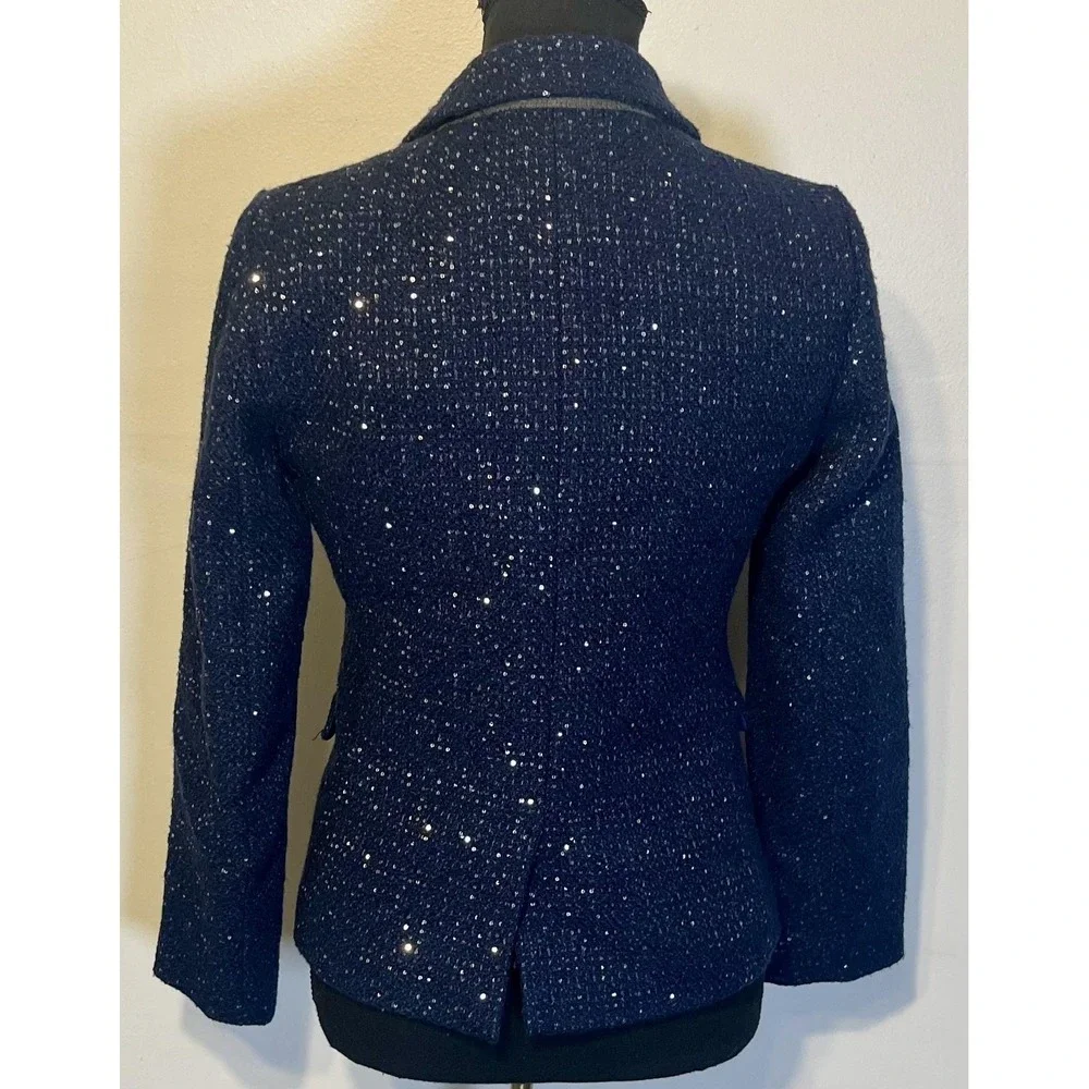J.Crew‎ Blazer Womens 00 Navy Blue Sequin Tweed Two Button Notch Lined Jacket